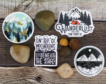 4x Wanderlust Sticker Set, Mountains, Hiking, Camping, Nature, Outdoors, Tent, Waterproof Decals - for Waterbottles and Laptops