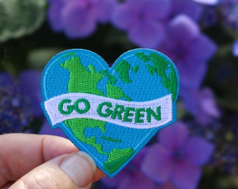 Go Green Earth Patch, Sustainability - Recycle, Iron On | Heart | Embroidered Iron On | Hoodie Patch