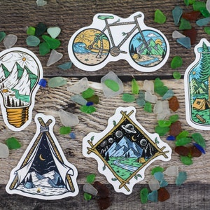5x Hiking Stickers, Camping - Mountain to Beach - Tent, Nature, Forest | Waterproof Decals - for Waterbottles and Laptops