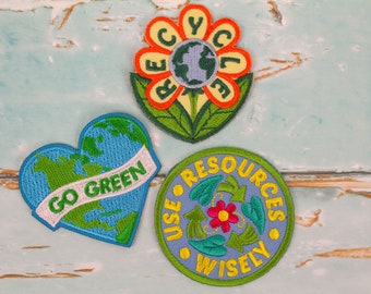 Go Green Recycle Patch Set - Use Resources Wisely - Scout Badge Embroidered Iron On | Jackets, Backpacks | Hoodie Patch
