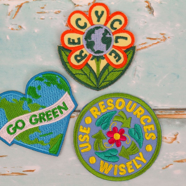Go Green Recycle Patch Set - Use Resources Wisely - Scout Badge Embroidered Iron On | Jackets, Backpacks | Hoodie Patch