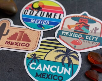 Mexico Travel Stickers, Cancun, Cozumel, Mexico City, Waterproof Decals, Set of 4