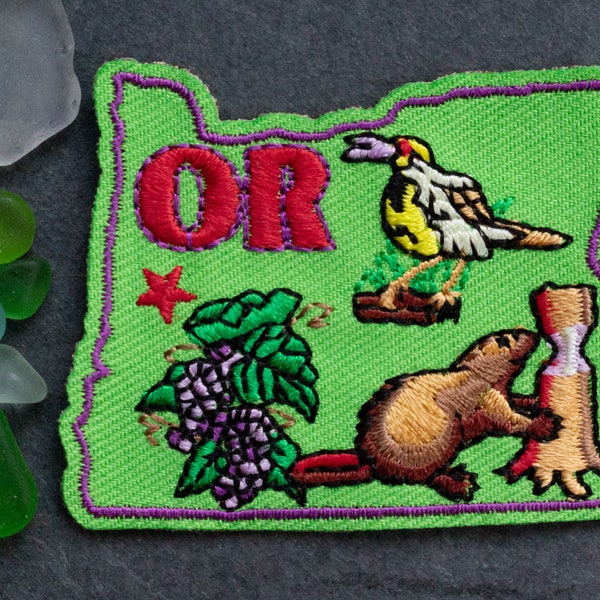 Oregon Patch State Beaver, Meadowlark Bird, Oregon Grape, Travel, Iron On Souvenir