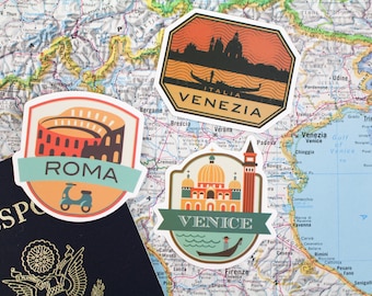 May include: Four colorful stickers with illustrations of famous Italian landmarks. The stickers feature the Colosseum in Rome, the Doge's Palace in Venice, and the Rialto Bridge in Venice. The stickers are on a map of Italy.