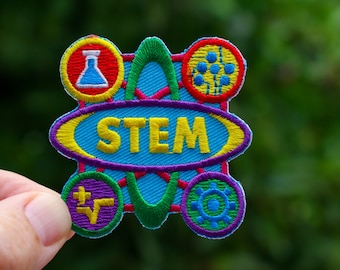 STEM Patch, Iron On, Girl or Boy Scouts, Embroidered Merit Badge for Jackets Backpack | Science - Technology - Engineering - Mathematics