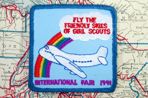 Vintage Girl Scout Patch Fly Friendly Skies Rainb… - image 1