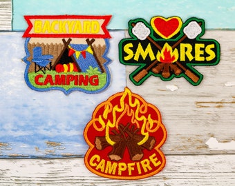 Camping Iron On Patch Set – Embroidered Smores, Fire, Tent Badges