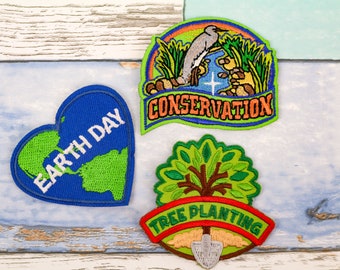 Nature Patch Set, Earth Day - Tree Planting - Conservation - Embroidered Iron On, Badge | Jackets, Backpacks | Hoodie Patches