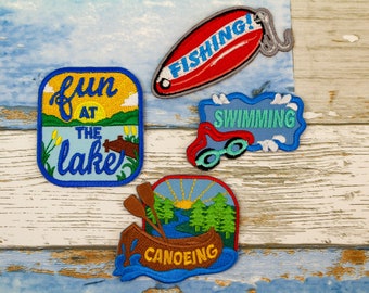 Summer Lake Patch Set - Canoeing, Fishing, Swimming - Fun Lake Activities! Embroidered Iron On, Badge | Jackets, Backpacks | Hoodie Patch