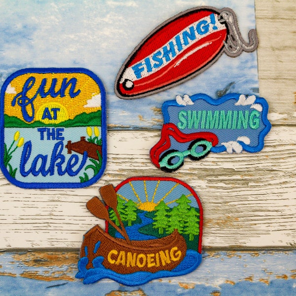 Summer Lake Patch Set - Canoeing, Fishing, Swimming - Fun Lake Activities! Embroidered Iron On, Badge | Jackets, Backpacks | Hoodie Patch