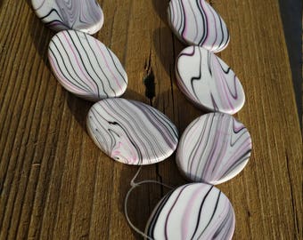 Acrylic Beads, White/Black/Purple, Curved Oval, 35x26mm