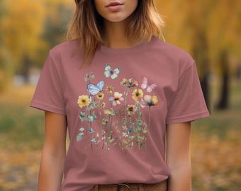 Floral Garden T-Shirt, Watercolor Flowers and Butterflies Tee, Colorful Nature Design, Casual Spring Summer Shirt, Unique Graphic Top