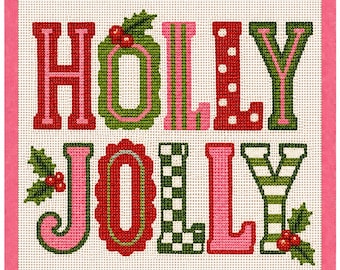 May include: A needlepoint canvas featuring the text HOLLY JOLLY in a grid pattern. The letters are decorated with red, pink, and green colours, including polka dots, stripes, and checkerboard patterns, accented with holly leaves and red berries.