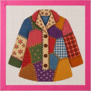 May include: A needlepoint canvas featuring a patchwork jacket design with various colourful fabric patterns including floral, plaid, and solid blocks. The jacket has a central button placket with four brown buttons and a pink border frame.