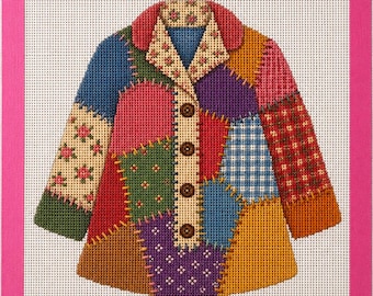 Casaco de Muitas Cores em Tela para Bordado | Design de Casaco Colorido em Patchwork | Bordado em Tela Impresso com 18 Pontos por Malha