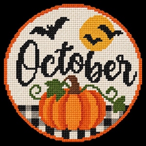 Puede incluir: Un patrón de punto de cruz circular que muestra la palabra October en letra cursiva negra. El diseño incluye una calabaza naranja grande con hojas verdes, una luna llena amarilla y murciélagos negros sobre un fondo blanco con un borde a cuadros.