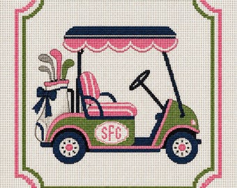 Personalized Golf Cart with your Initials  Needlepoint Canvas