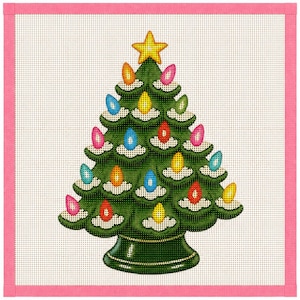 May include: A needlepoint canvas featuring a green Christmas tree with white snow on the branches, decorated with colorful light bulbs in pink, blue, yellow, and red, topped with a yellow star, all framed by a pink fabric border.