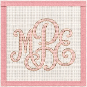 May include: A square needlepoint canvas featuring a light pink monogram with the letters MPE in a cursive script font. The monogram is outlined in a thin gold thread and centered on a white grid mesh fabric, framed by a light pink fabric border.