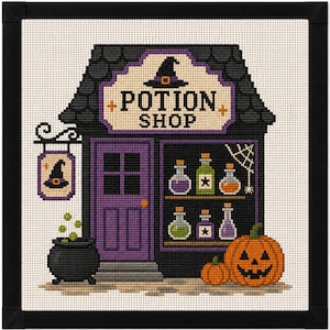 May include: A cross-stitch embroidery featuring a potion shop with a black roof, purple door, and shelves displaying various colored bottles. A black cauldron with green bubbles, a spider web, and two orange jack-o'-lanterns sit in front.