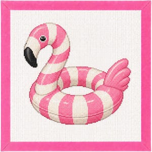 May include: A needlepoint canvas featuring a flamingo-shaped pool float with alternating pink and white stripes. The flamingo has a black beak and a small black eye. The design is centered on a white grid background with a solid pink border.