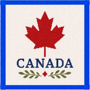 Puede incluir: Un lienzo cuadrado de punto de aguja con una hoja de arce roja centrada sobre la palabra CANADA en letras azules. Debajo del texto hay dos ramas verdes con hojas que flanquean un pequeño diamante rojo. El diseño tiene un borde azul.