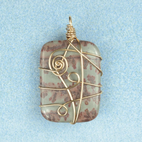 Custom Crazy Horse Stone Jasper Non-tarnish Gold Color Copper Wire Wrapped Pendant