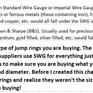 May include: Text-based guide explaining Standard Wire Gauge (SWG) and American Wire Gauge (AWG) for jump rings. Includes examples of metals used with each gauge and a note about paying attention to the Aspect Ratio (AR) when buying.