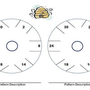Puede incluir: Dos diagramas circulares en blanco con los n&uacute;meros 2, 8, 14, 18, 24 y 30 alrededor del borde. Los diagramas est&aacute;n divididos en secciones por l&iacute;neas que irradian desde el centro. El texto "Descripci&oacute;n del patr&oacute;n" aparece debajo de cada diagrama.