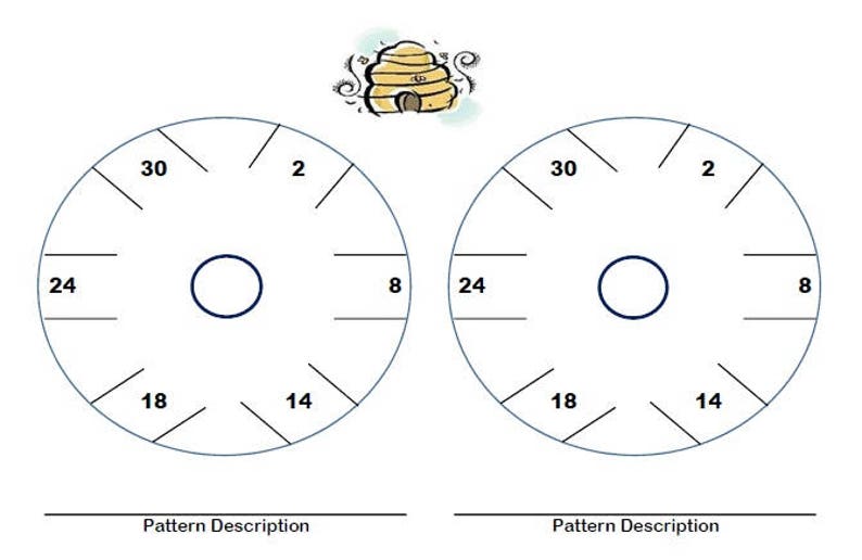 Puede incluir: Dos diagramas circulares en blanco con los n&uacute;meros 2, 8, 14, 18, 24 y 30 alrededor del borde. Los diagramas est&aacute;n divididos en secciones por l&iacute;neas que irradian desde el centro. El texto "Descripci&oacute;n del patr&oacute;n" aparece debajo de cada diagrama.