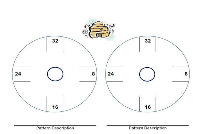 Puede incluir: Dos plantillas de c&iacute;rculo en blanco divididas en secciones con los n&uacute;meros 8, 16, 24 y 32. Una colmena de dibujos animados con una abeja est&aacute; en el centro de la imagen.
