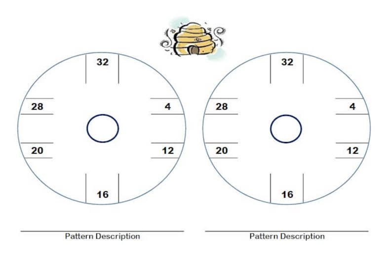 Puede incluir: Dos diagramas circulares en blanco con los n&uacute;meros 4, 12, 16, 20, 28 y 32 marcados alrededor del borde. Los diagramas est&aacute;n divididos en seis secciones. El centro de cada diagrama tiene un c&iacute;rculo. El texto "Descripci&oacute;n del patr&oacute;n" est&aacute; debajo de cada diagrama.