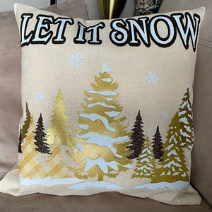 Let It Snow shimmering Christmas pillow  hand painted pillow; golden holiday decor; glitter xmas trees decorations; holiday pillow covers