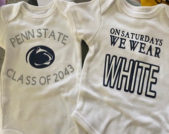 Penn State baby bodysuits sets five designs; PSU baby gifts; PSU on saturdays bodysuit; PSU Class of; Nittany Lions college team onesies