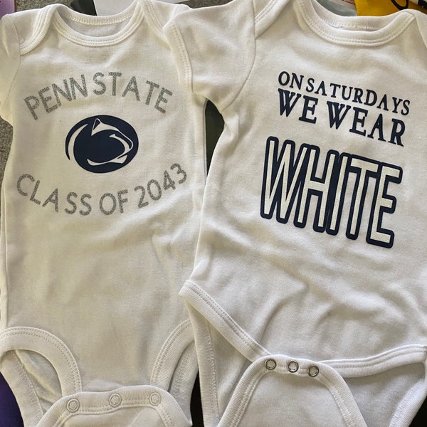 Penn State baby bodysuits sets five designs; PSU baby gifts; PSU on saturdays bodysuit; PSU Class of; Nittany Lions college team onesies