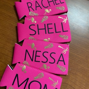 Tropical Slim can cooler; bachelorette favors; golden tropical can huggers; personalized can huggers; can cooler palm trees; custom can hugr