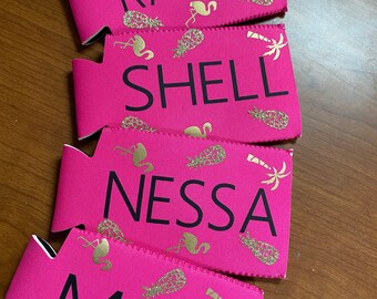 Personalized Tropical Can Cooler: Golden Bachelorette Party Favors