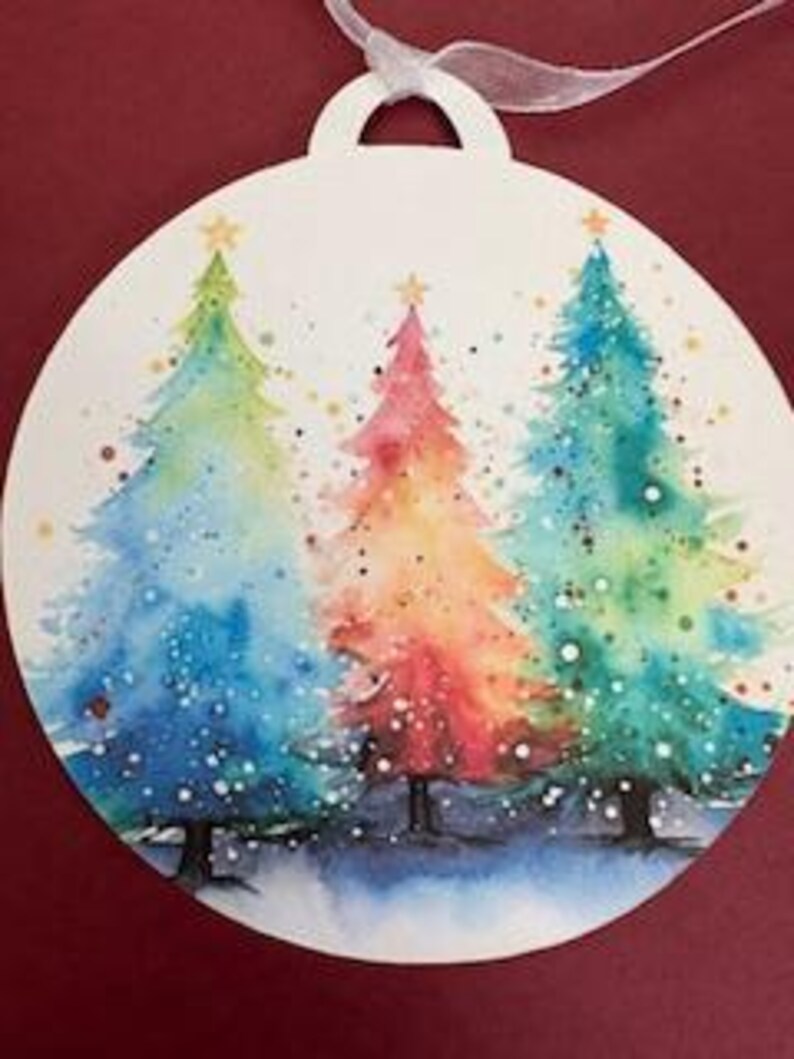 Christmas Gift Tags With Beautiful Watercolor Themed Trees With Ribbon ...