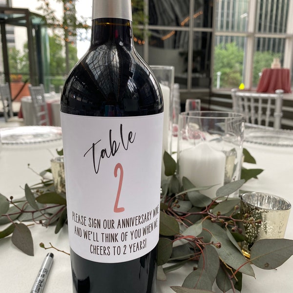 table numbers for wine bottle; anniversary wine table number labels; personalized wedding seating chart label; wedding guestbook wine labels