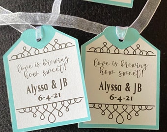 Bridal Shower Tea Favor Tags: Love is Brewing, Personalized Ribbon Tags