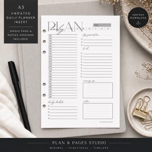 May include: A white A5 daily planner insert page with black text and lines. The layout includes a schedule from 6:00 to 6:00, sections for top priorities, to-do lists, daily habits, coming up, and notes, with six binder holes along the left side.
