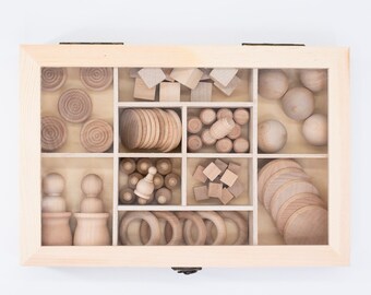 75-pieces Wooden Loose Parts Tinker Tray, Loose Parts Tinker Box, Loose Parts Box, Montessori Waldorf Education, Homeschool, Reggio Emilia