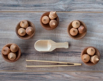 Wooden Sorting Acorn Set, Set of 15 Wooden Acorns and 5 Wooden Bowls , Educational Toy, Waldorf Toy, Acorn Sorting Set With Tongs and Scoop.