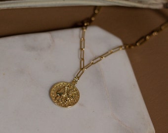 Gold Plated Coin Necklace, Minimalist Medusa Charm, Paperclip Chain