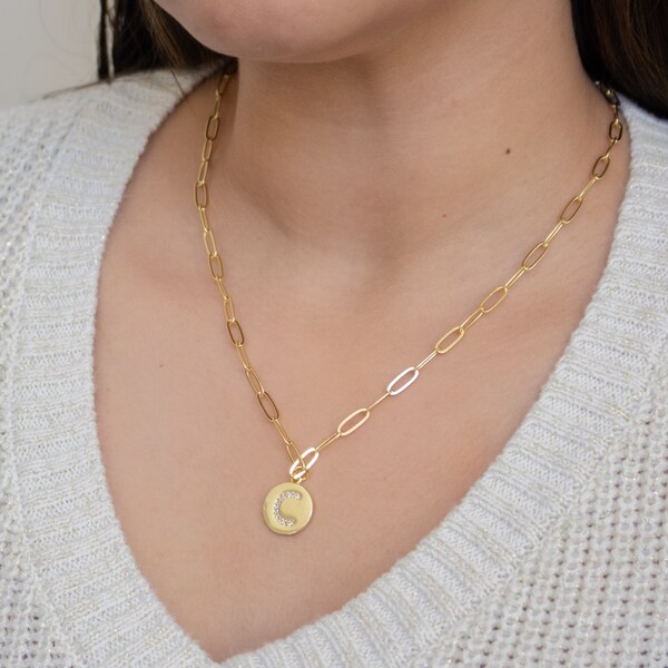 Minimalist Gold Initial Coin Necklace for Women,Modern Chic layering Chain,Personalized Initial Charm Necklace,Bridesmaid Gift For Her