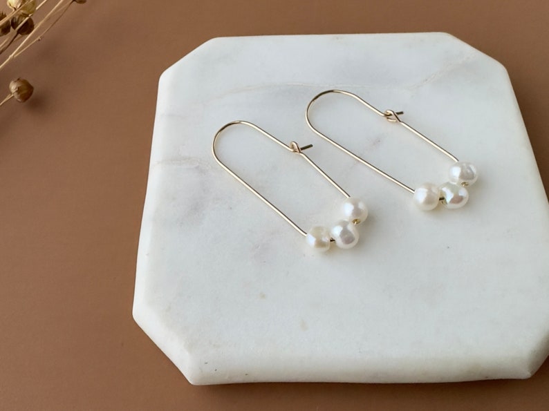 Handmade Gold Pearl Hoop Earrings, Freshwater Pearl Threaders, Wedding Bridal Minimalist Jewelry, Bridesmaid Gifts for her image 1
