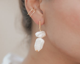 Orecchini pendenti con perle barocche riempite d'oro 14k, ipoallergenici