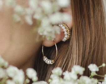 Wedding Pearl Hoop Earrings, Minimalist Bridal Jewelry, Dainty gold Filled Earrings, Bridesmaid Gifts, Mom Jewelry, Anniversary Gift