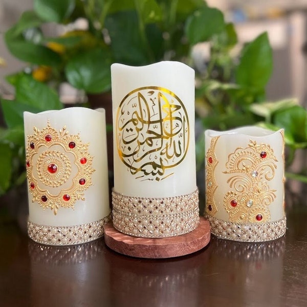 Islamic Gold/Red and Silver 3-pack LED Flameless Henna Candle Set - Islamic Writing