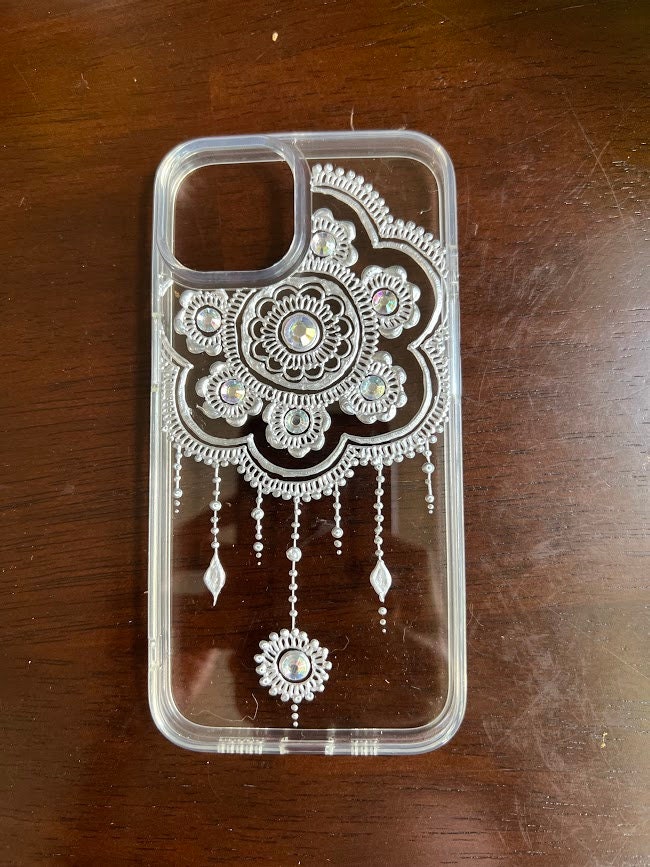 Henna Decorated Phone Case With Resin Coating Silver Dreamcatcher Customizable With Rhinestone
